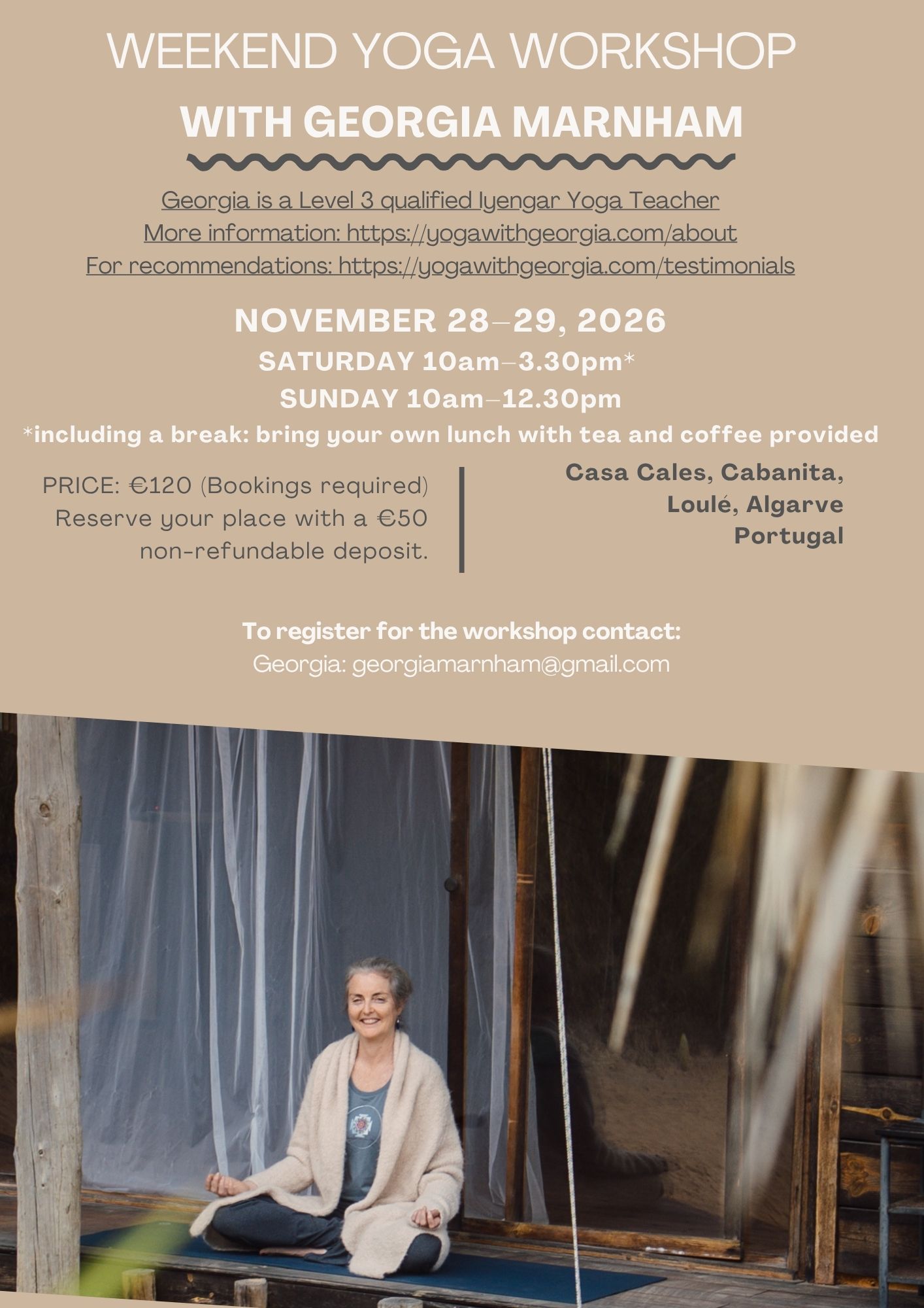 Weekend Yoga Workshop with Georgia Marnham flyer, Casa Cales, Loulé, Algarve, 28-29 November 2026