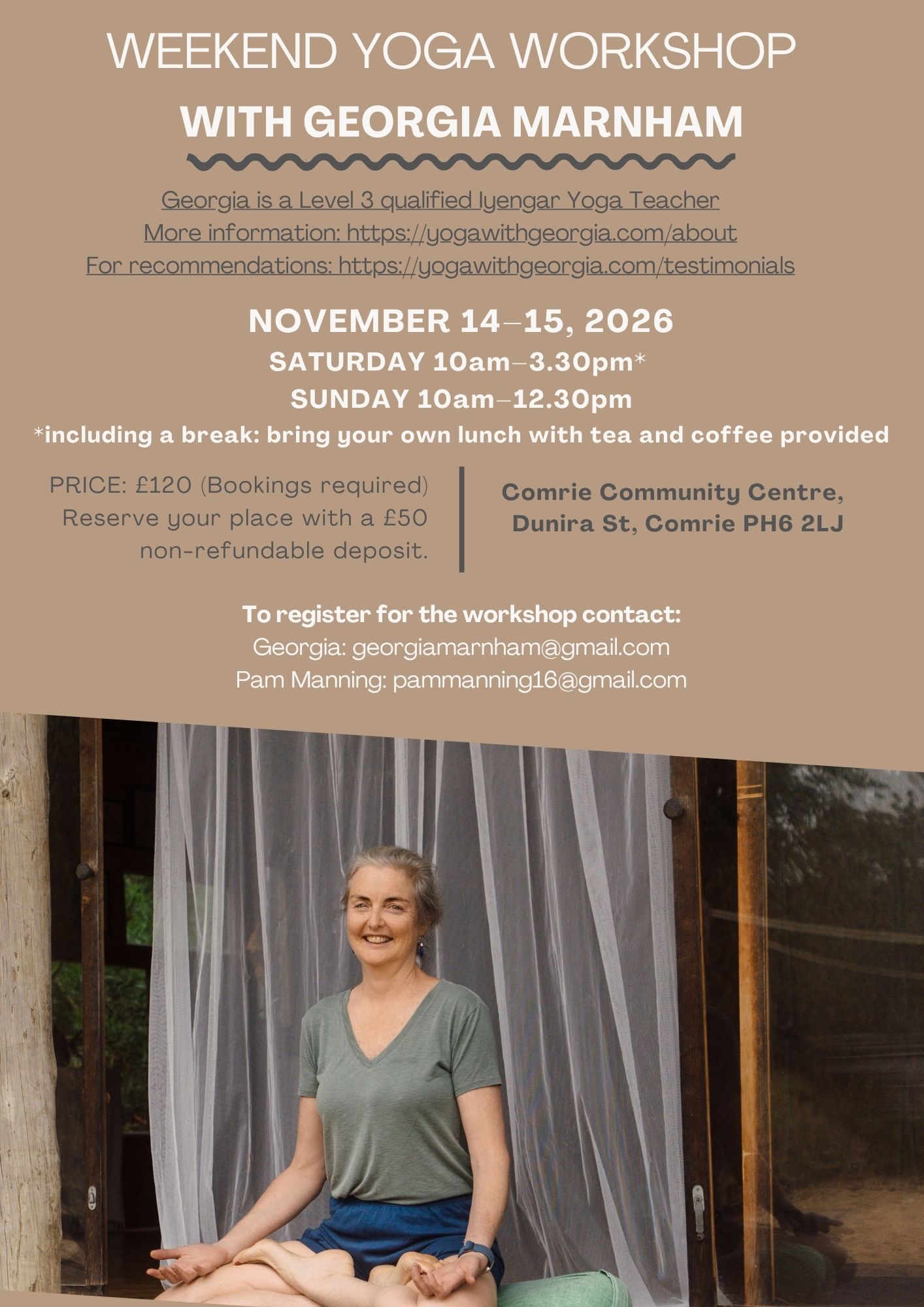 Weekend Yoga Workshop with Georgia Marnham flyer, Comrie Community Centre, 14-15 November 2026