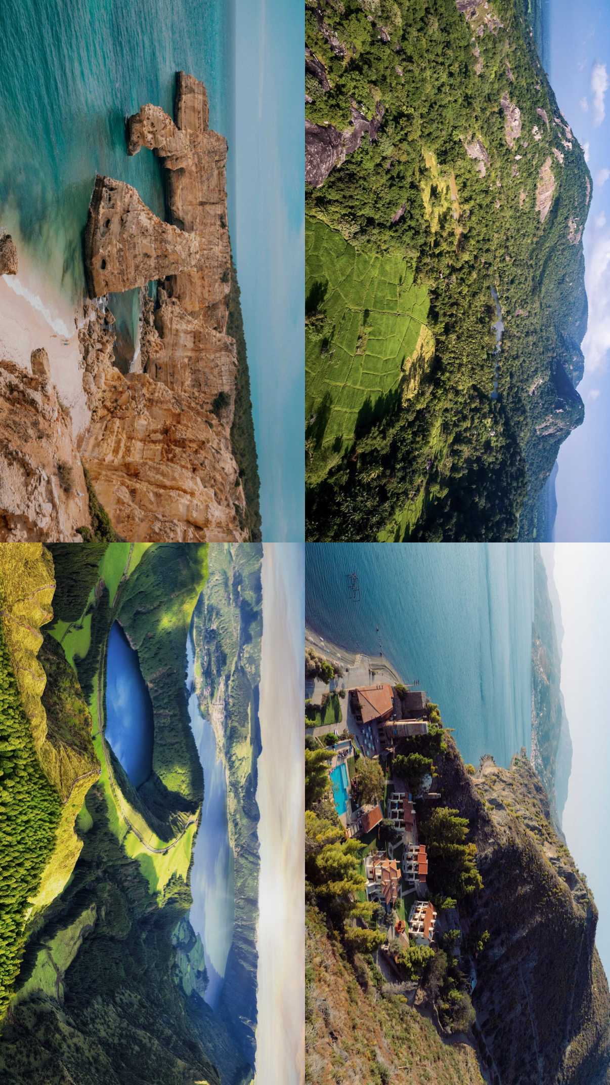 Collage of international yoga retreat destinations including Portugal cliffs, Greece coastal resort, Sri Lanka mountains and rice fields showcasing the beautiful locations where Georgia leads Iyengar Yoga retreats