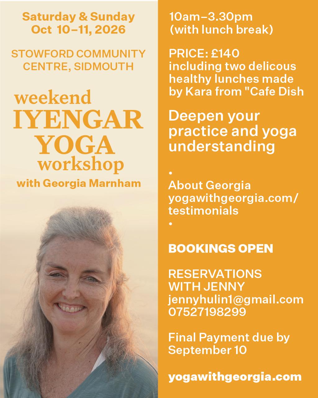 Weekend Iyengar Yoga Workshop with Georgia Marnham flyer, Stowford Community Centre, Sidmouth, 10-11 October 2026